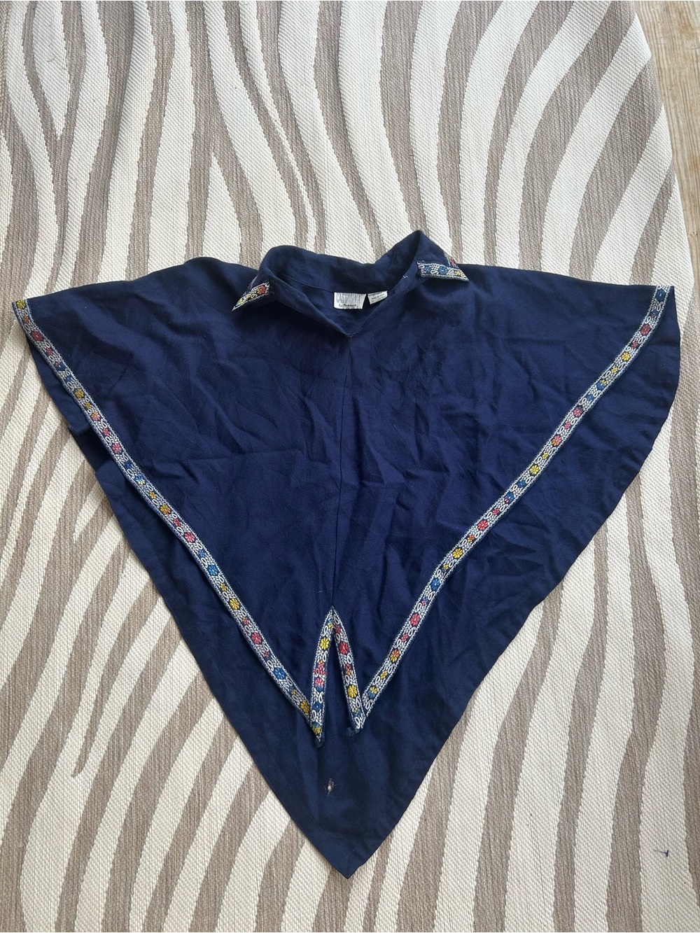 Vintage 100% Wool Navy Blue Cotton Poncho with Decorative Embroidered Trim